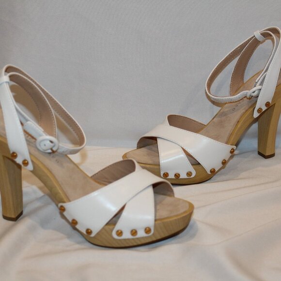 NIB VERONICA BEARD WOMEN'S LAMONT CRISS CROSS LEATHER WOOD HIGH HEEL SANDALS 9 - Picture 2 of 9